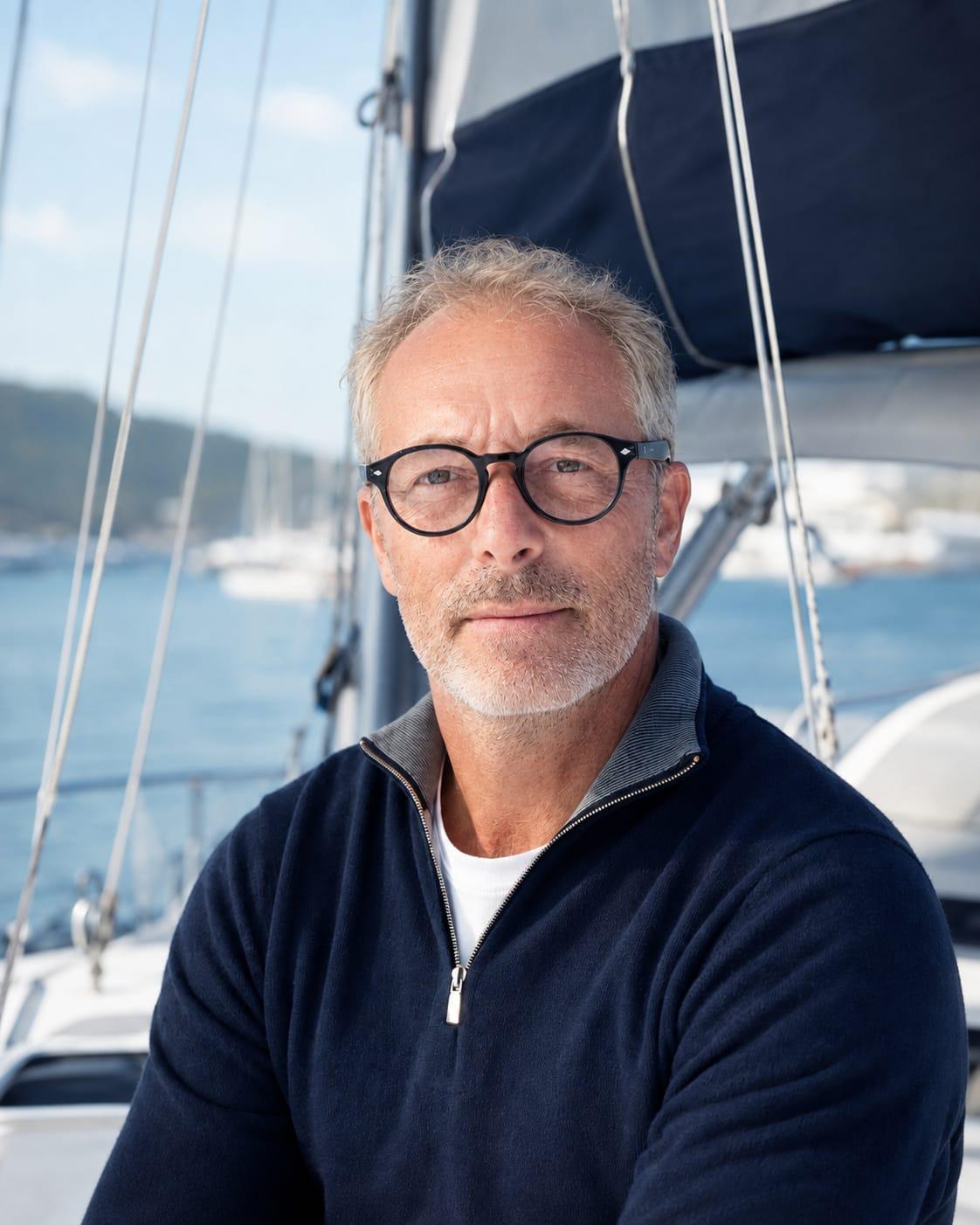 Plaisancier à la barre de son voilier, navigation sereine par mer calme